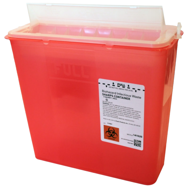 A red sharps disposal container with a biohazard symbol.