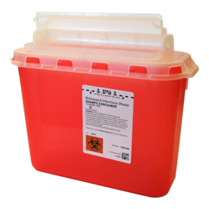 Red sharps disposal container with biohazard label.