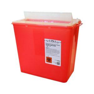 Red sharps disposal container with a biohazard label.