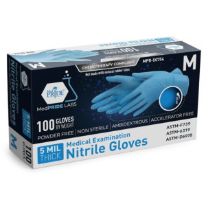 Box of medium-sized medical nitrile gloves with 100 gloves inside.