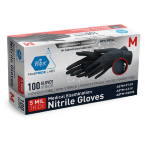 Box of black nitrile gloves, size medium, 100 count.