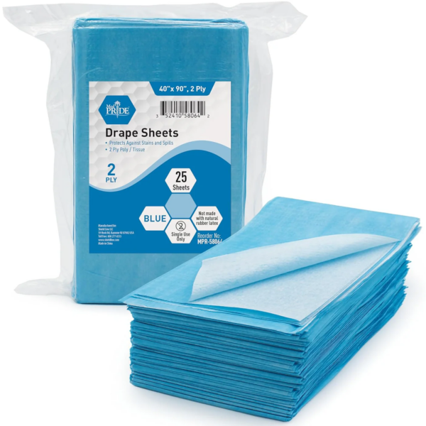 Blue disposable drape sheets for medical use in sealed packaging.
