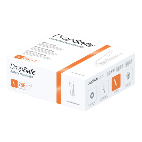Box of DropSafe insulin pen needles, 25G-1" size.