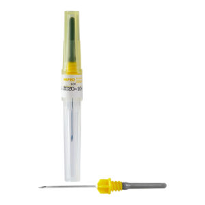 A yellow-capped dental file with a plastic handle and a metal tip.