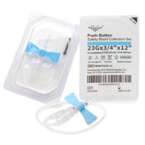 Push button tracheostomy tube with cuff in sterile packaging.