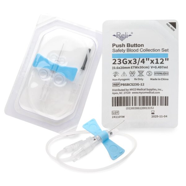 Push button tracheostomy tube with cuff in sterile packaging.