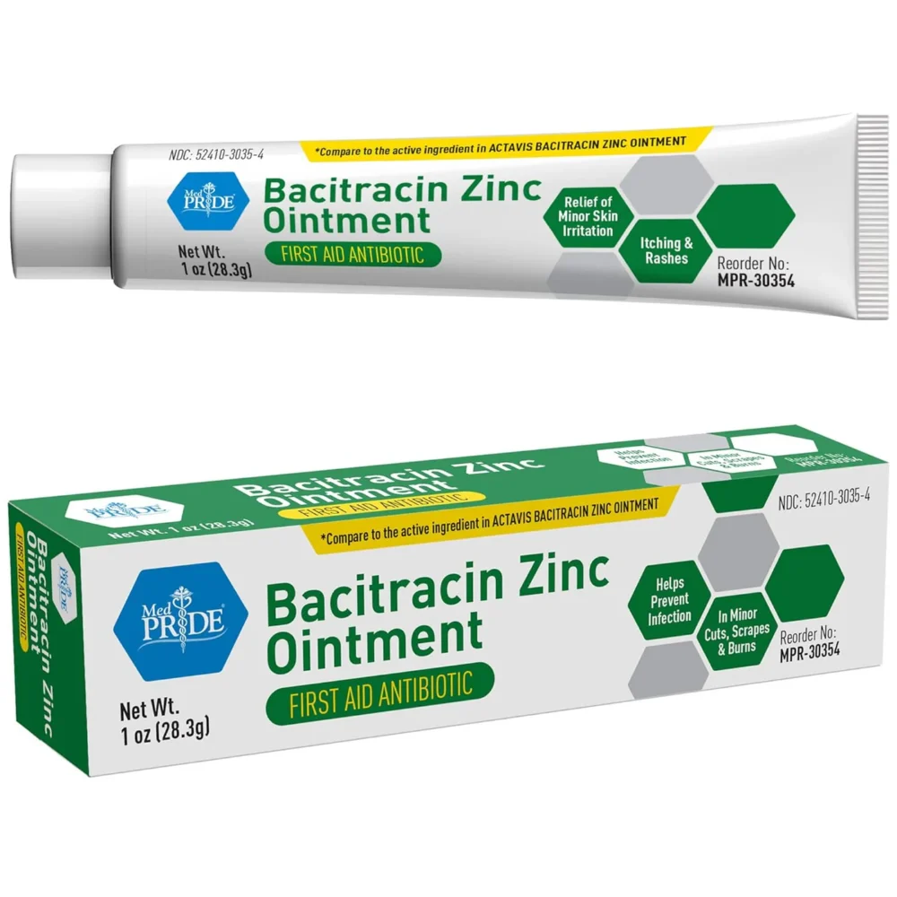 Tube and box of Bacitracin Zinc Ointment for skin infections.