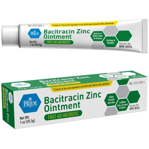 Tube and box of Bacitracin Zinc Ointment for skin infections.