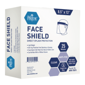 Box of 25 clear face shields for splash protection, size 8.5x13 inches.