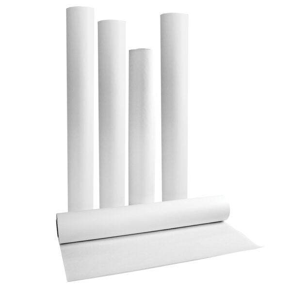 Four white wallpaper rolls with one partially unrolled.