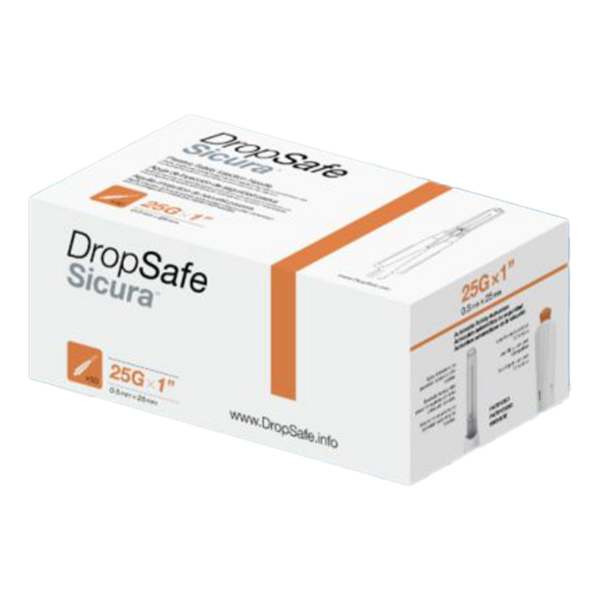 Box of DropSafe Sicura safety lancets for blood sampling.