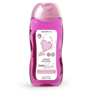 Pink bottle of baby wash with a heart design on the label.