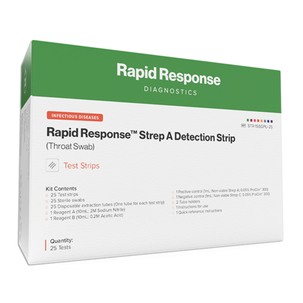 Rapid Response Strep A Detection Strip test kit box.