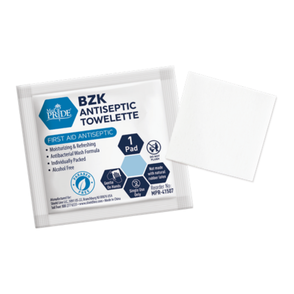 Packaged BZK antiseptic towelette for skin cleansing.