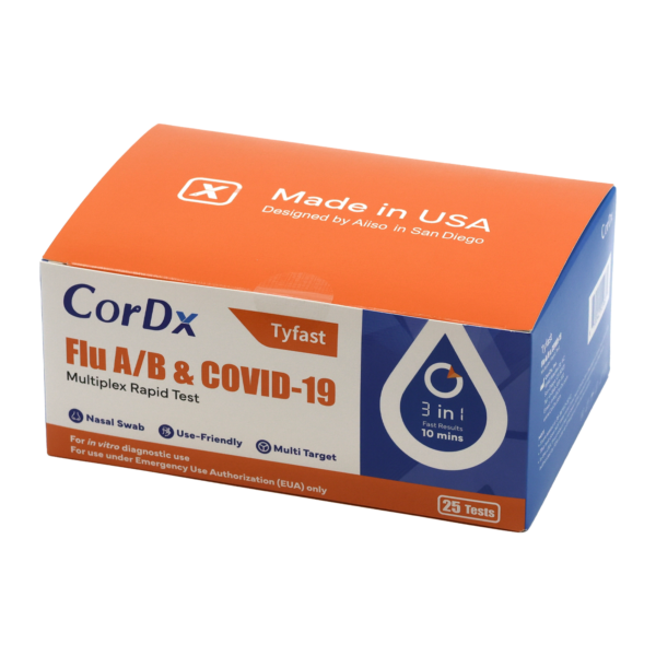 Cordx Flu A/B & COVID-19 rapid test kit box.
