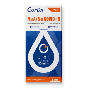 Cordx Tyfab home test kit for Flu A/B and COVID-19 detection.