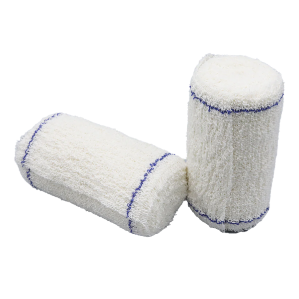 Two fluffy white paint roller covers with blue edges.