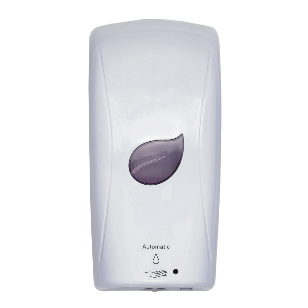 White automatic soap dispenser with a leaf design.