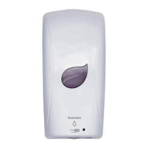White automatic soap dispenser with a leaf design.