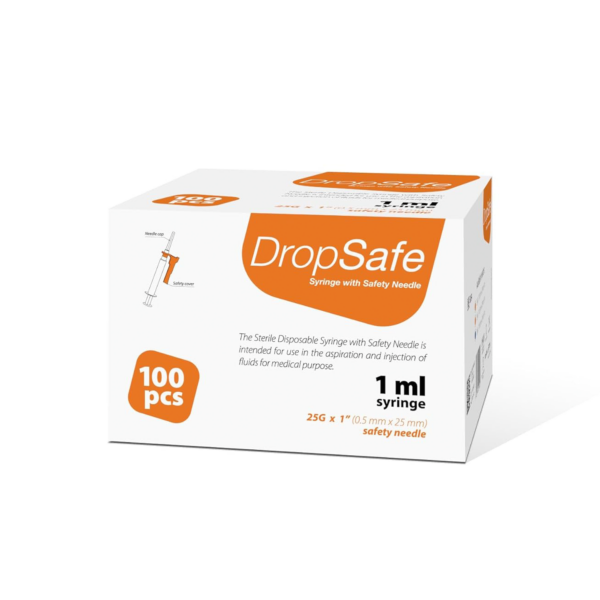 Box of 100 DropSafe 1 ml insulin syringes with 31G x 6 mm needles.