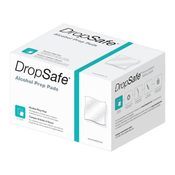 Box of DropSafe adhesive prep pads for skin antisepsis.