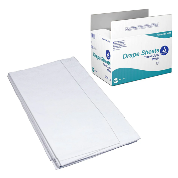 A folded white drape sheet with its packaging box.