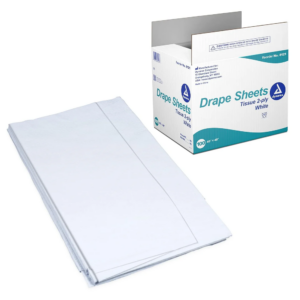 Sterile white drape sheets with packaging box for medical use.
