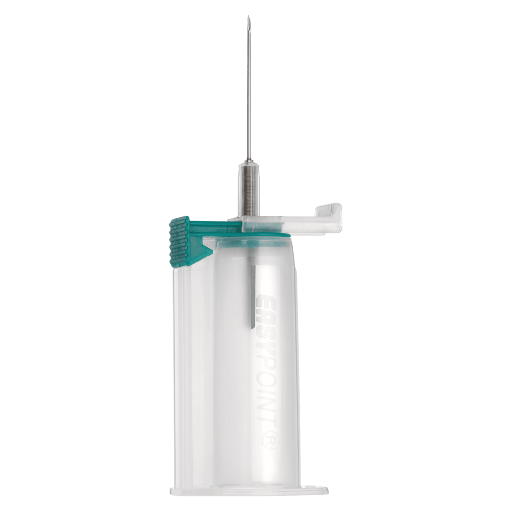 A clear plastic bottle with a needle and green cap attachment.