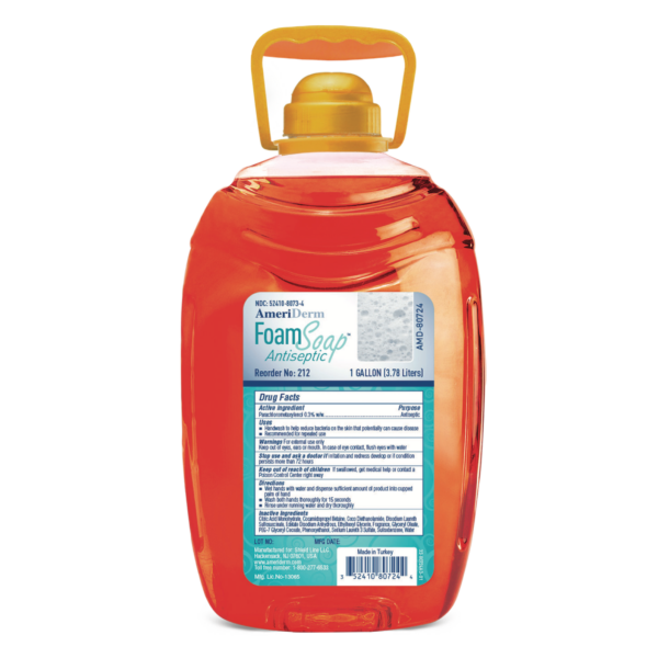 Plastic bottle of orange liquid soap with a yellow cap and handle.