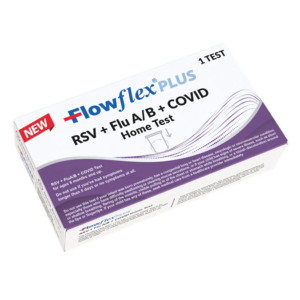 Box of Flowflex Plus COVID-19 and RSV rapid test kits.