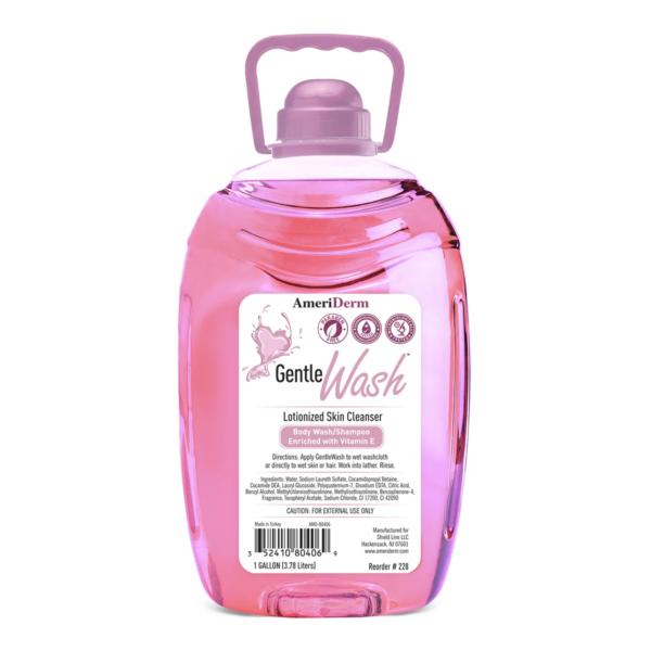 A pink bottle of Gentle Wash liquid soap with a handle and a flip cap.