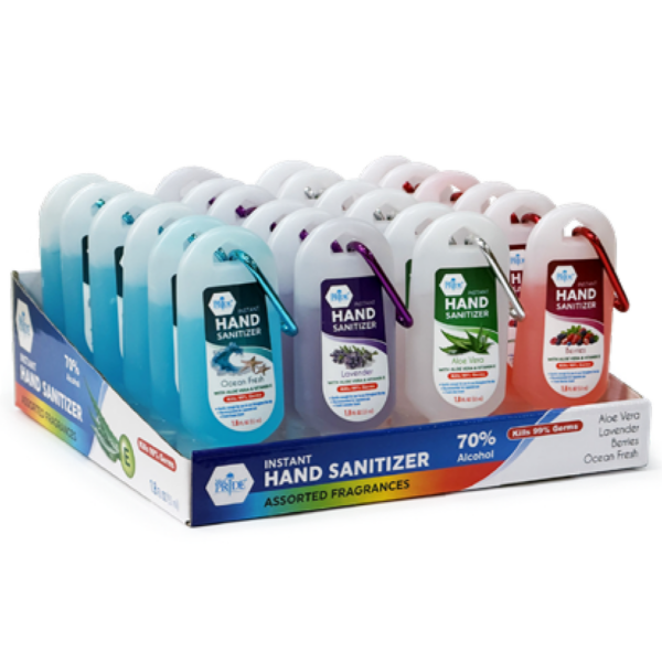 Assorted Purell hand sanitizers in a store display box.