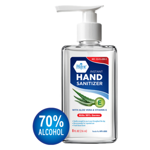 Clear hand sanitizer bottle with pump and 70% alcohol label.