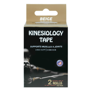Box of beige kinesiology tape with two rolls inside.