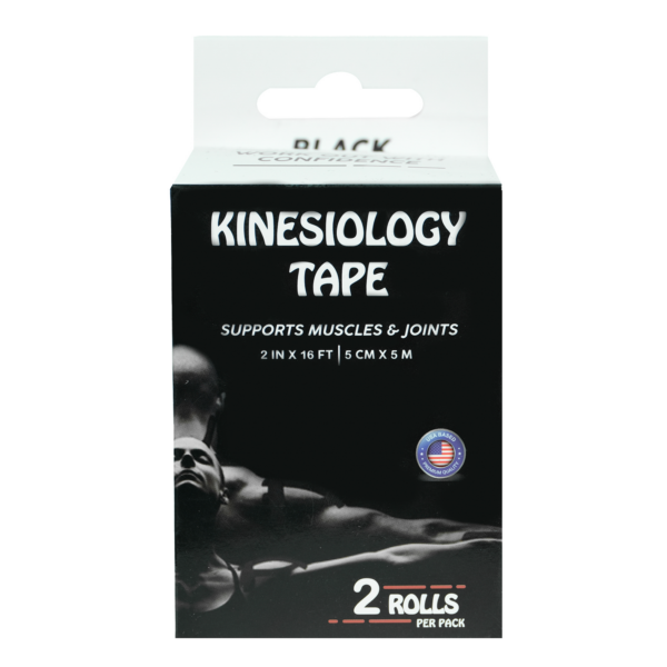 Two rolls of black kinesiology tape in packaging.