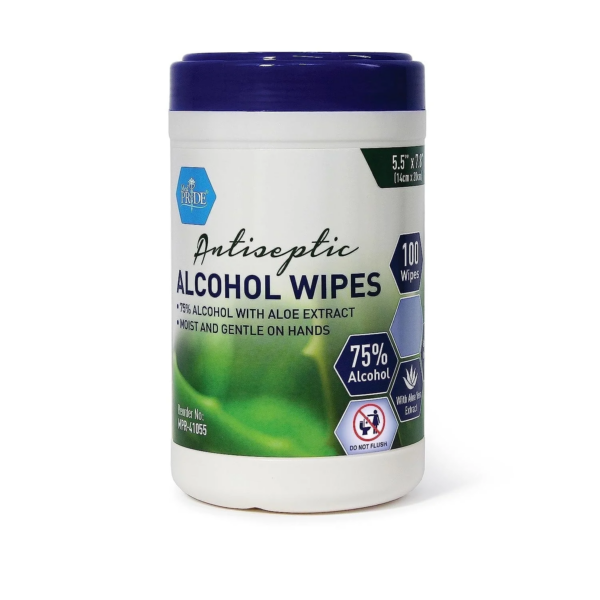 Container of antibacterial alcohol wipes with 75% alcohol content.