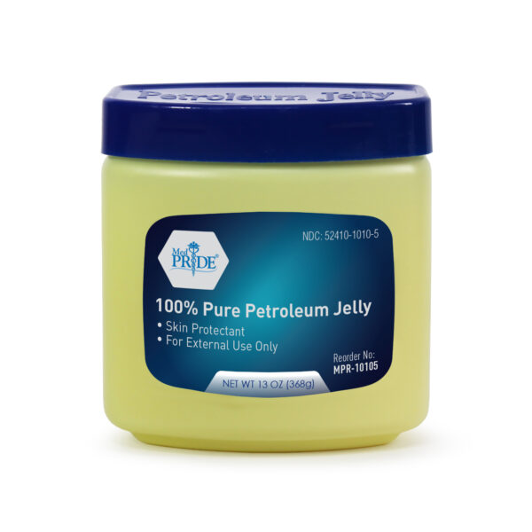 Container of 100% pure petroleum jelly with a blue lid.