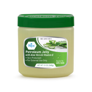 A jar of petroleum jelly with aloe vera and vitamin E.