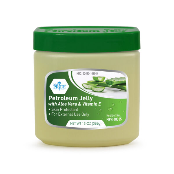 A jar of petroleum jelly with aloe vera and vitamin E.