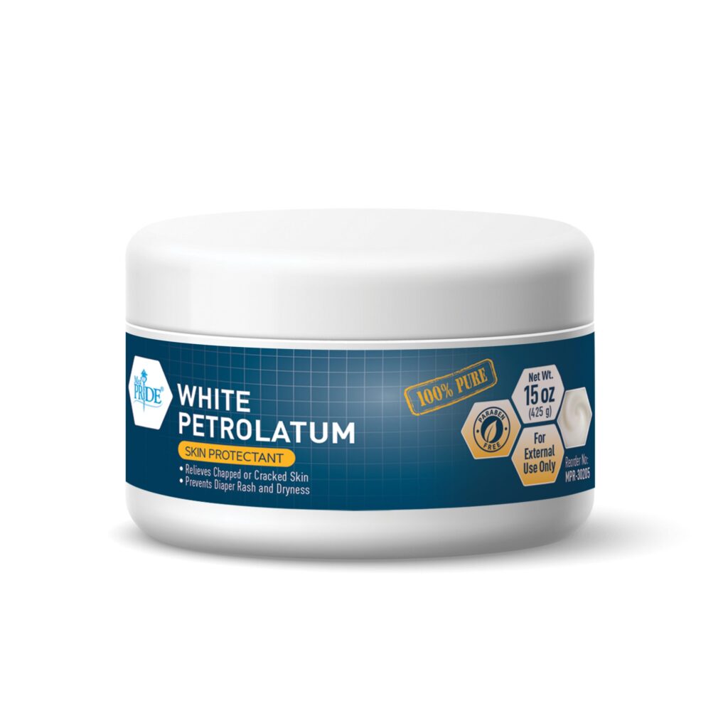 White petrolatum in a small white jar with blue label.