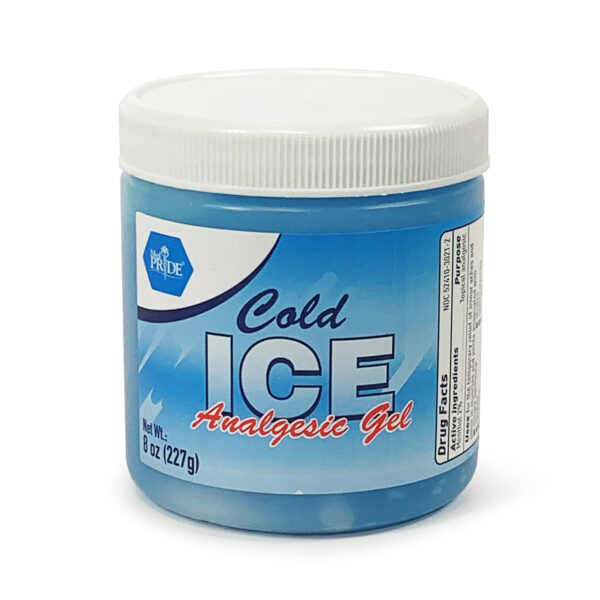 Jar of cold ice analgesic gel for pain relief.