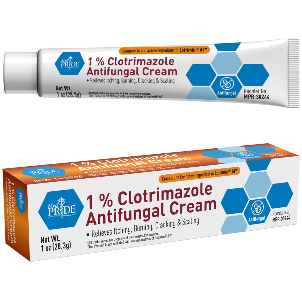 Tube and box of 1% Clotrimazole antifungal cream.
