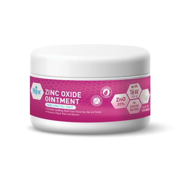 Zinc oxide ointment in a white and pink container for skin protection.