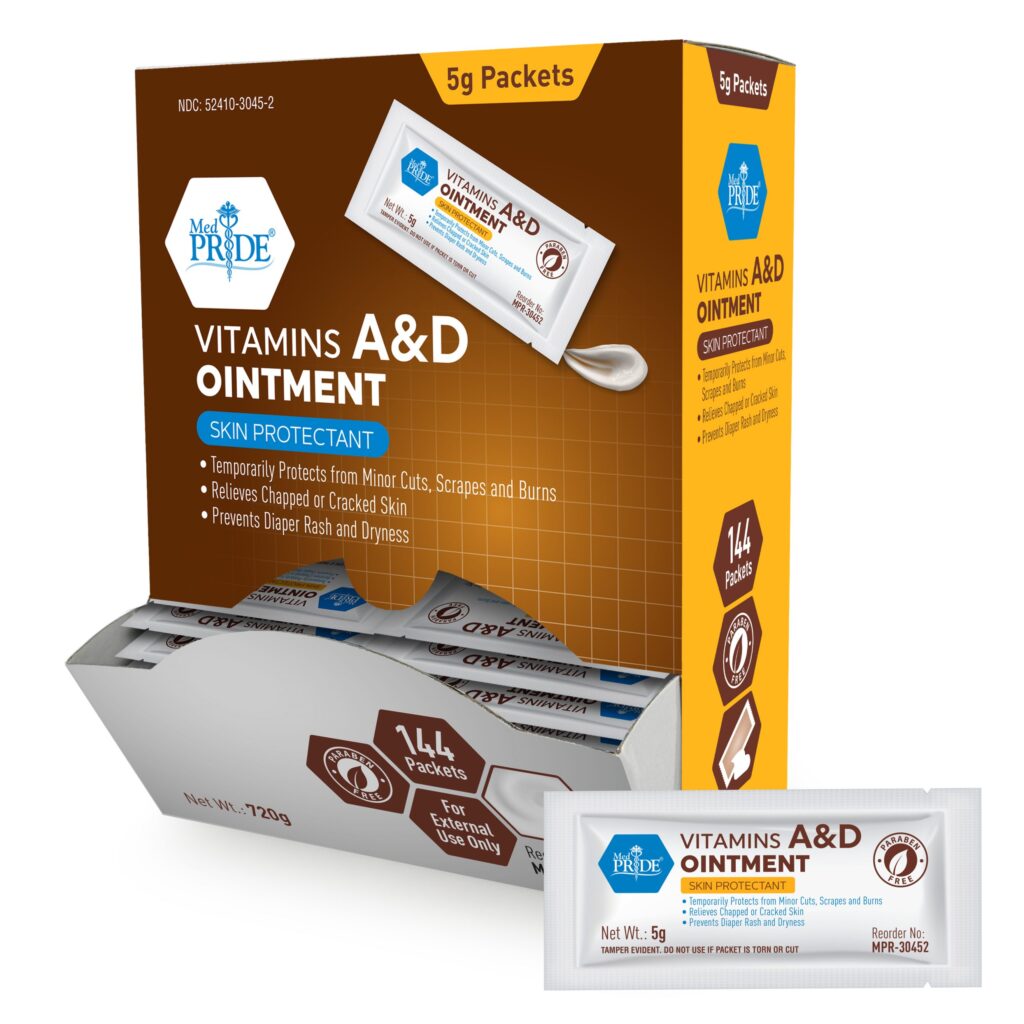 Vitamin A&D ointment tube and packaging for skin protection.
