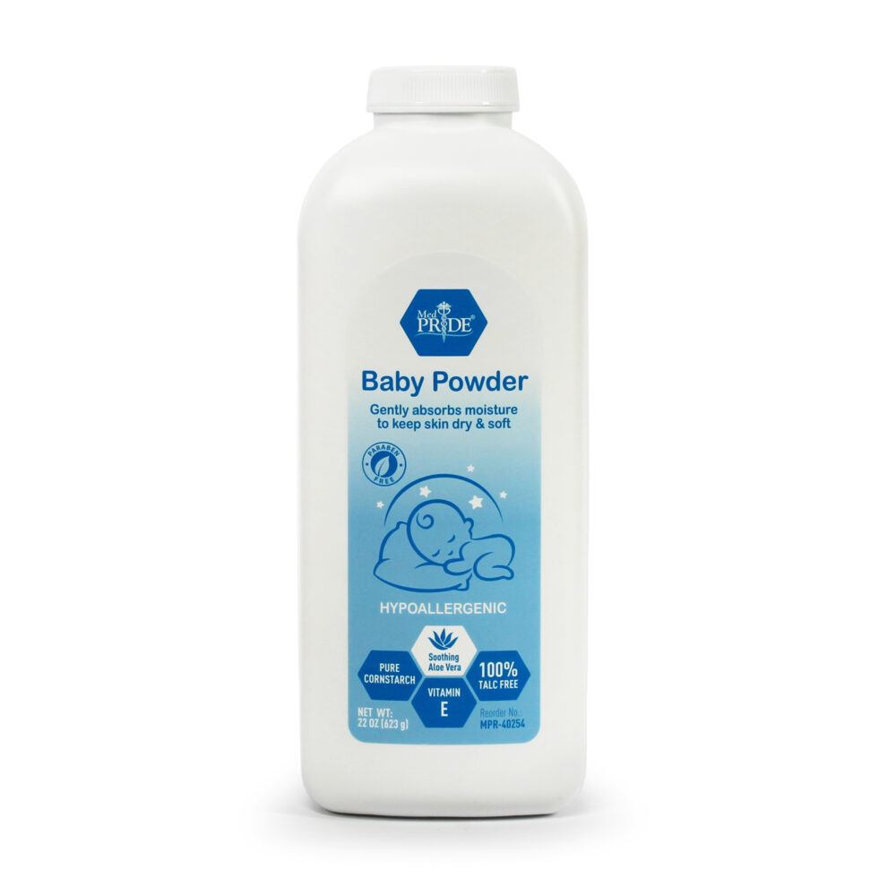 A bottle of baby powder with a blue label and white cap.