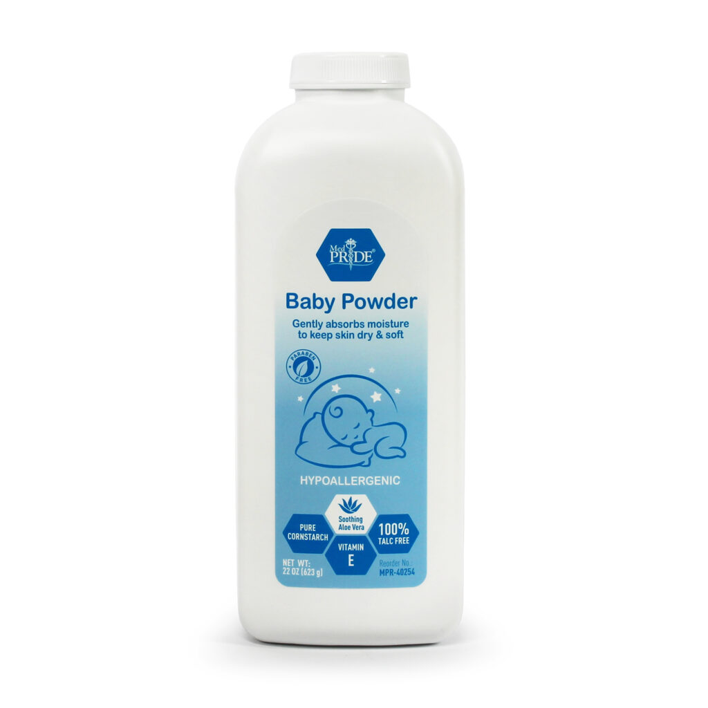 A bottle of baby powder with a blue label and white cap.
