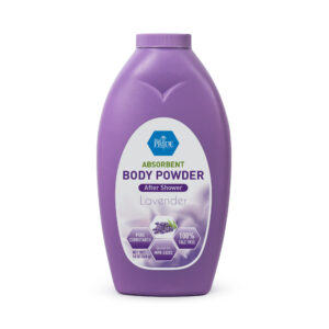 Lavender-scented body powder in a purple bottle.