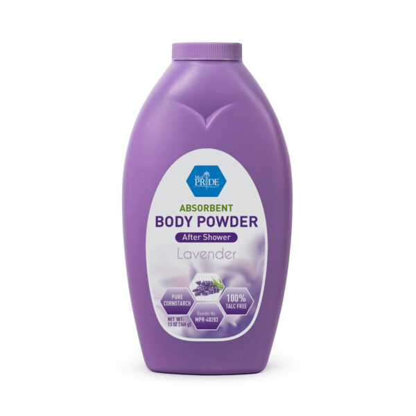 Lavender-scented body powder in a purple bottle.