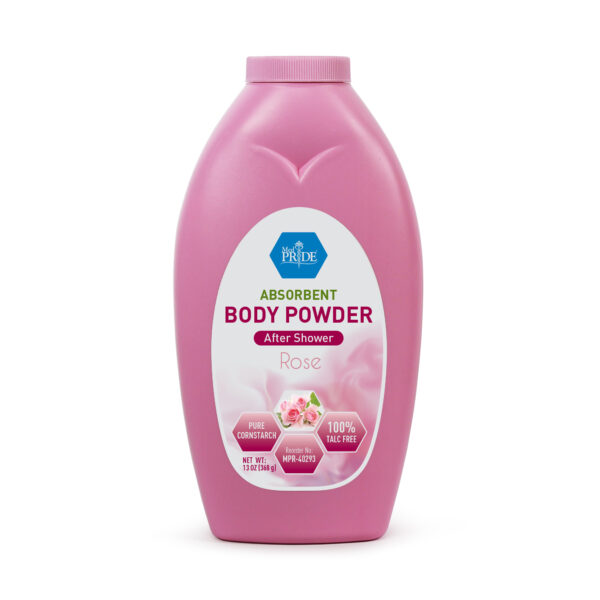 Pink bottle of Johnson's baby body powder with strawberry scent.