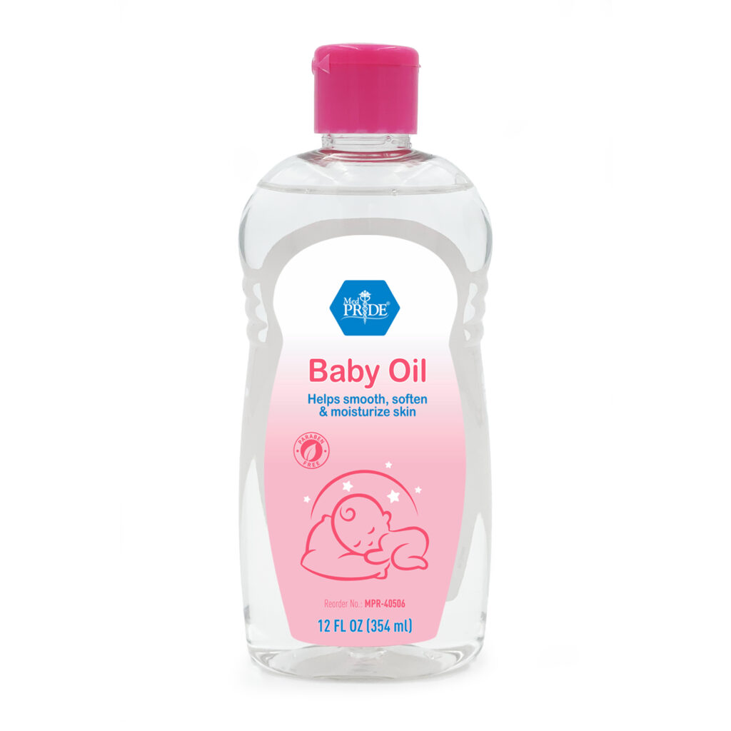 A bottle of Johnson's Baby Oil with pink cap and label.